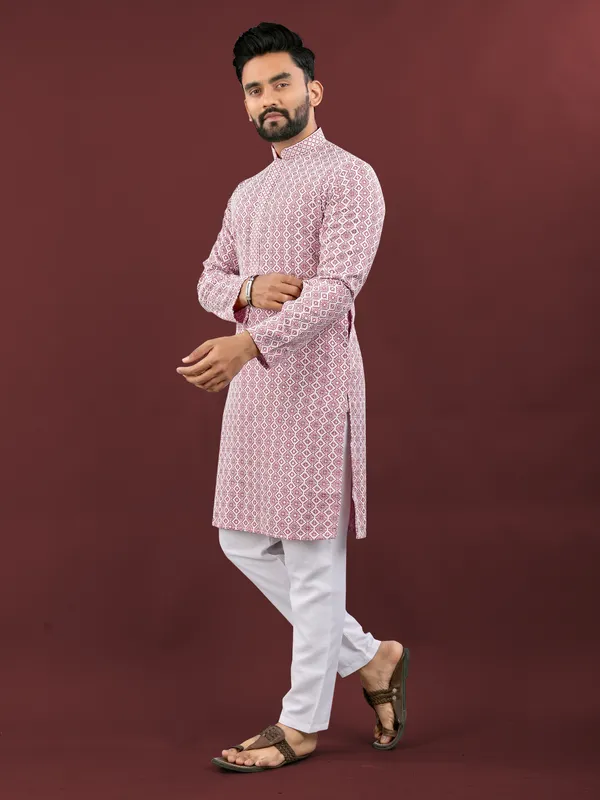 Mild_Pink_Polyester_Printed_Kurta_For_Men