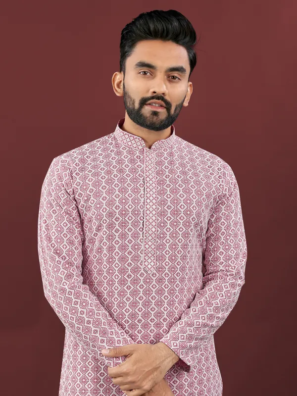 Mild_Pink_Polyester_Printed_Kurta_For_Men