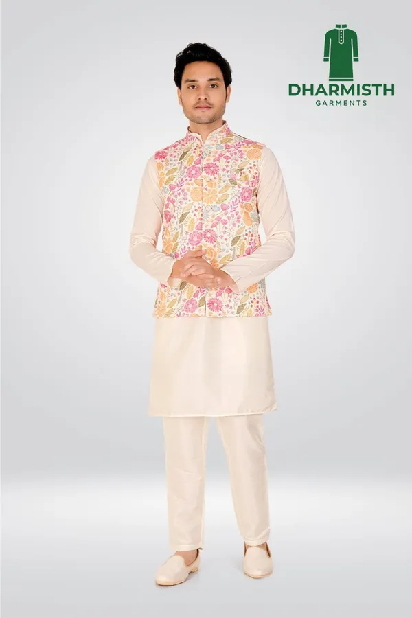 Cream_Polyester_Printed_Kurta,_Jacket_&_Pant_For_Men