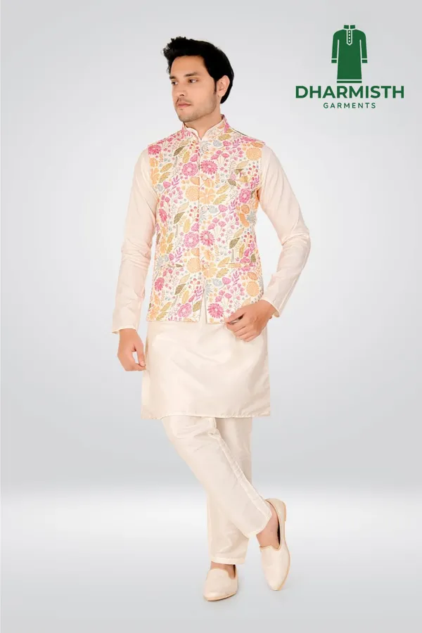 Cream_Polyester_Printed_Kurta,_Jacket_&_Pant_For_Men