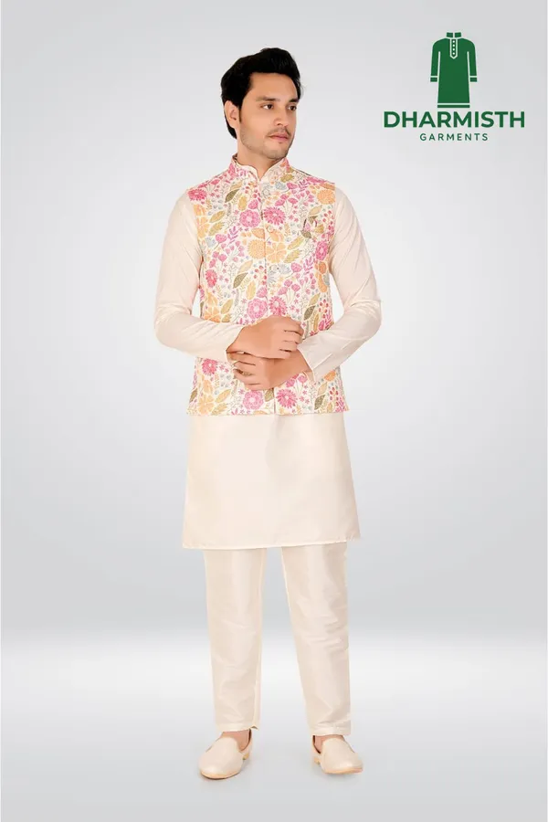 Cream_Polyester_Printed_Kurta,_Jacket_&_Pant_For_Men