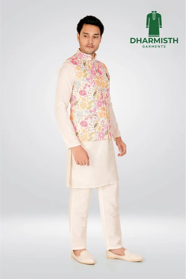Cream_Polyester_Printed_Kurta,_Jacket_&_Pant_For_Men