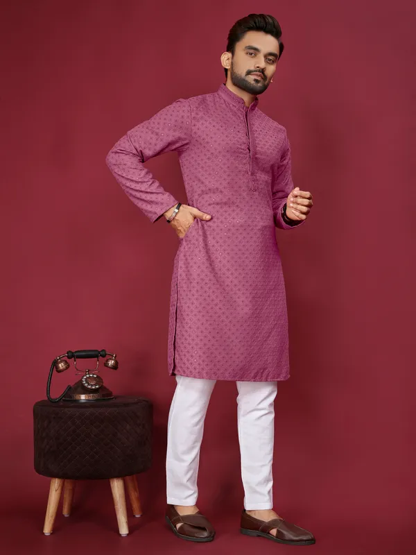 Drak_Pink_Polyester_Printed_Kurta_For_Men