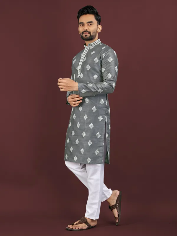 Charcoal_Grey_Polyester_Printed_Kurta_For_Men