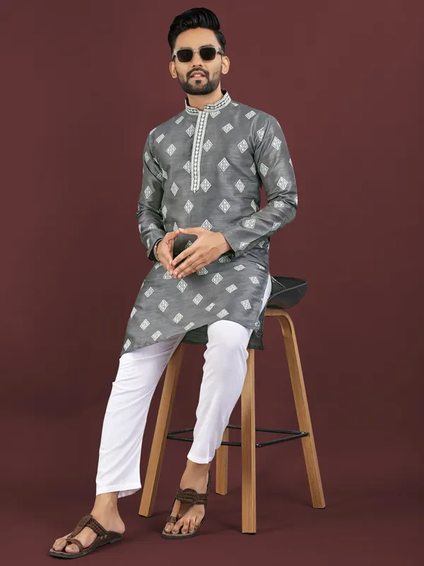Charcoal_Grey_Polyester_Printed_Kurta_For_Men