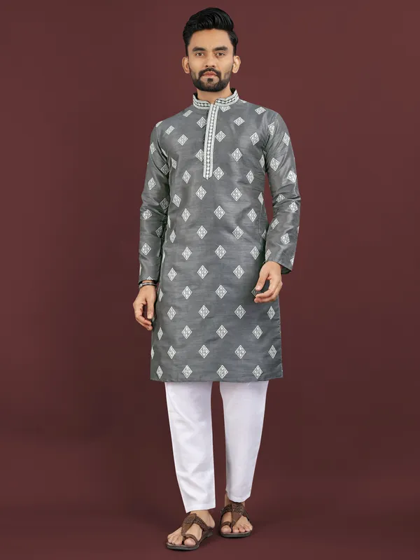 Charcoal_Grey_Polyester_Printed_Kurta_For_Men
