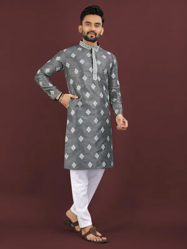 Charcoal_Grey_Polyester_Printed_Kurta_For_Men