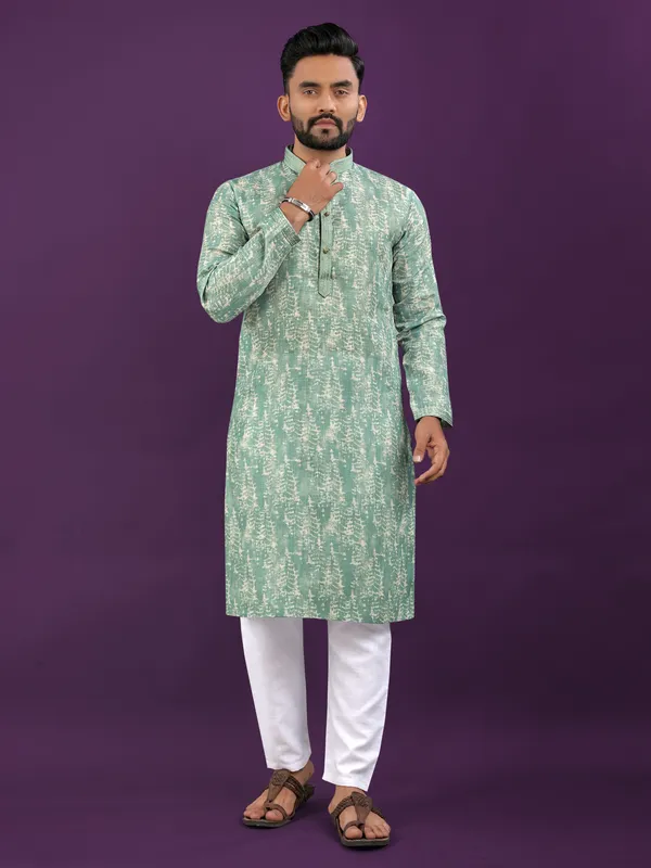 Green_Polyester_Printed_Kurta_For_Men