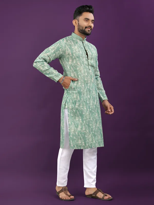 Green_Polyester_Printed_Kurta_For_Men