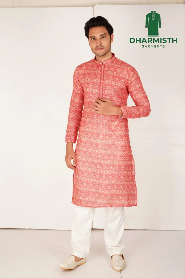 Peach_Polyester_Printed_Kurta_For_Men