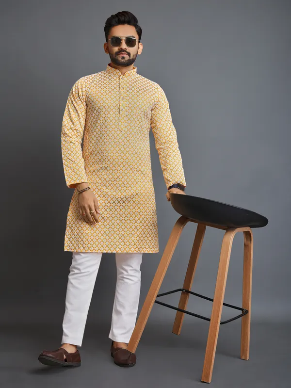 Yellow_And_White_Polyester_Printed_Kurta_For_Men
