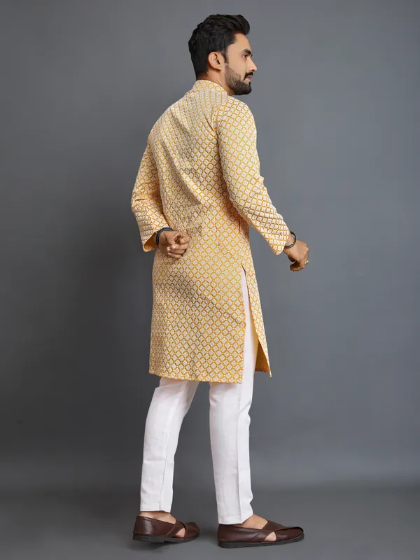 Yellow_And_White_Polyester_Printed_Kurta_For_Men
