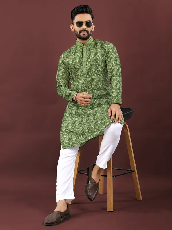 Green_Polyester_Printed_Kurta_For_Men