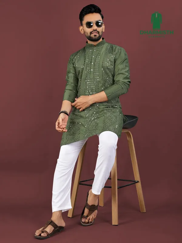 Dark_Green_Polyester_Printed_Kurta_For_Men