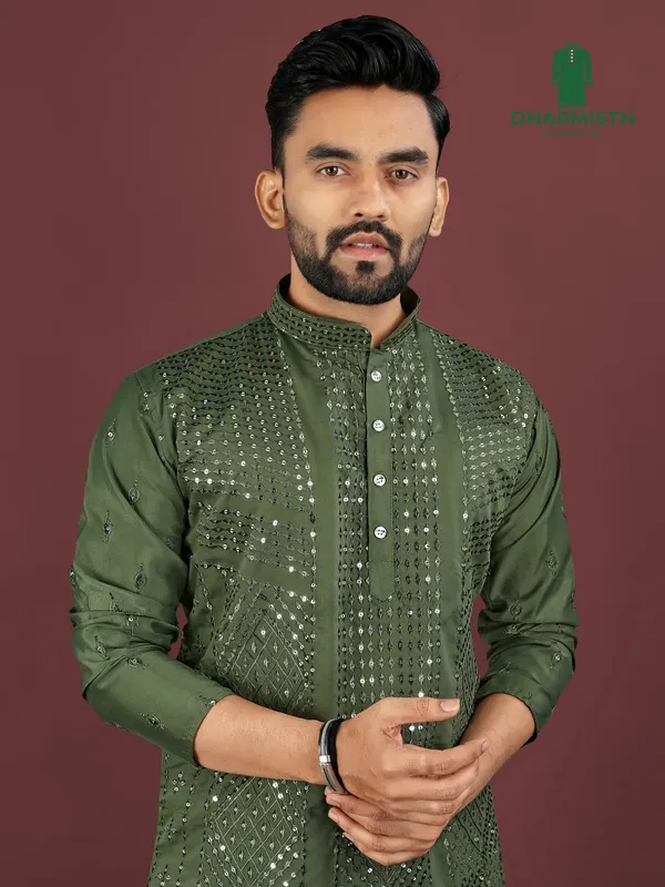Dark_Green_Polyester_Printed_Kurta_For_Men