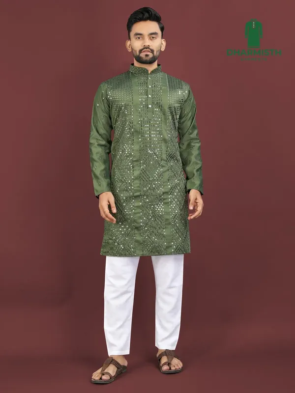 Dark_Green_Polyester_Printed_Kurta_For_Men