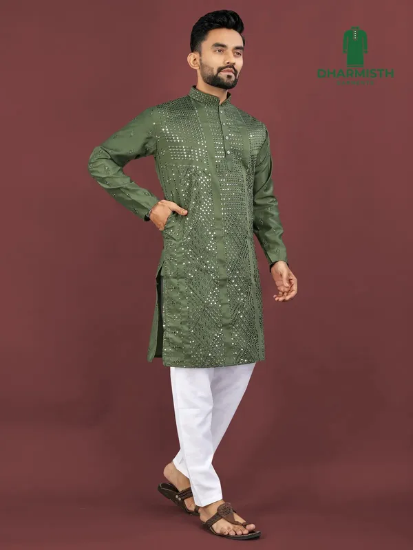 Dark_Green_Polyester_Printed_Kurta_For_Men
