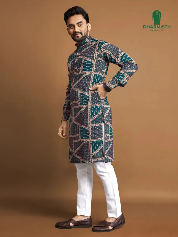 Teal_Polyester_Printed_Kurta_For_Men
