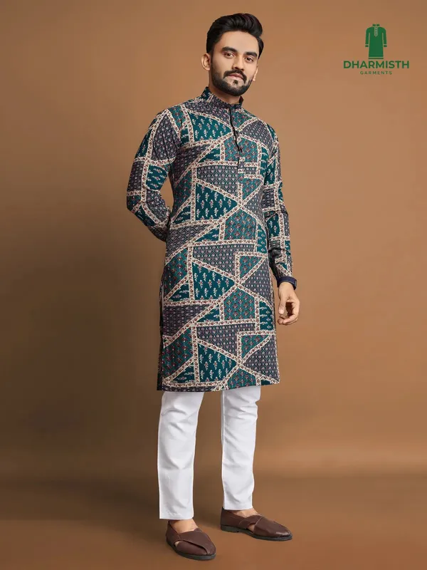 Teal_Polyester_Printed_Kurta_For_Men