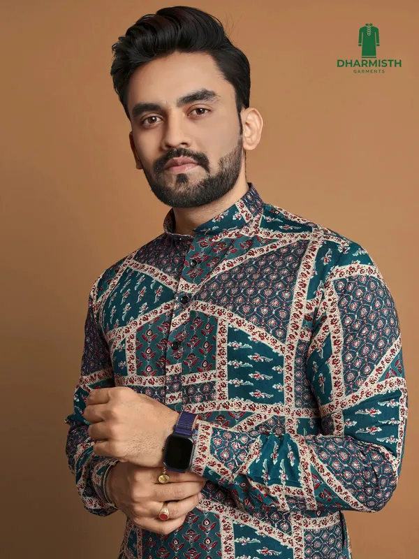 Teal_Polyester_Printed_Kurta_For_Men