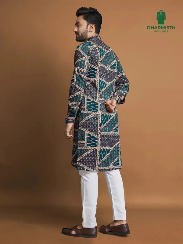 Teal_Polyester_Printed_Kurta_For_Men