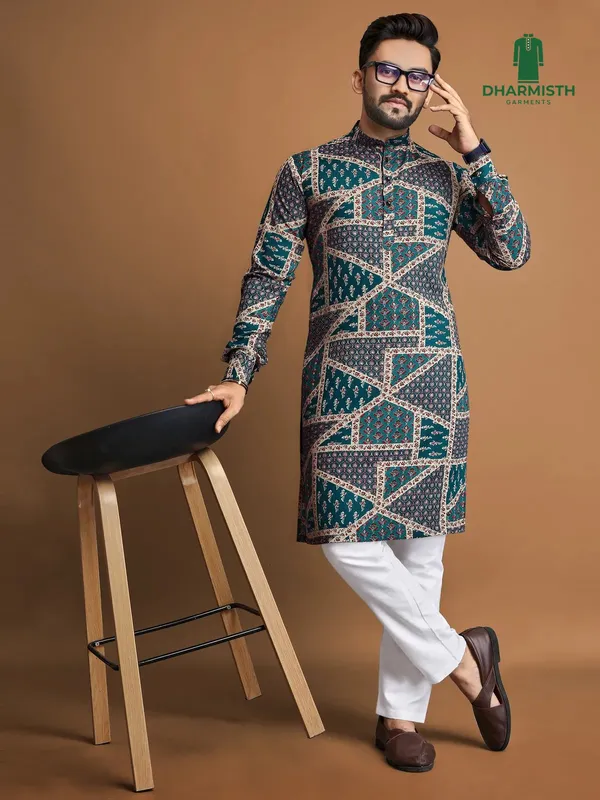 Teal_Polyester_Printed_Kurta_For_Men
