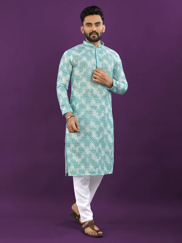 Light_Blue_And_White_Polyester_Printed_Kurta_For_Men