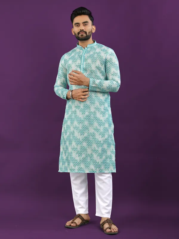 Light_Blue_And_White_Polyester_Printed_Kurta_For_Men