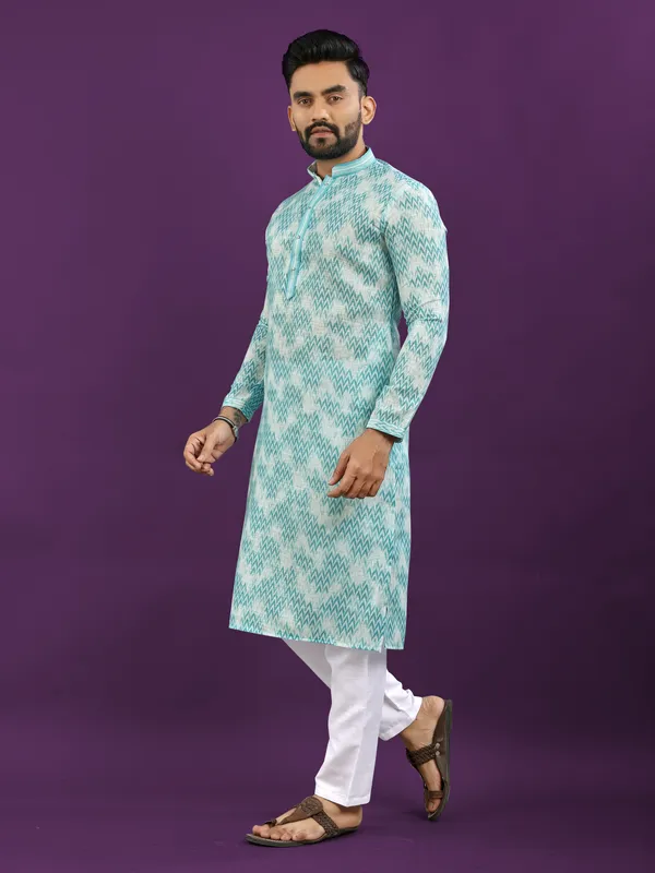 Light_Blue_And_White_Polyester_Printed_Kurta_For_Men