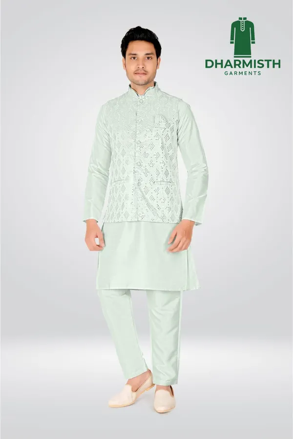 Mint_Green_Polyester_Printed_Kurta,_Koti_&_Pant_For_Men