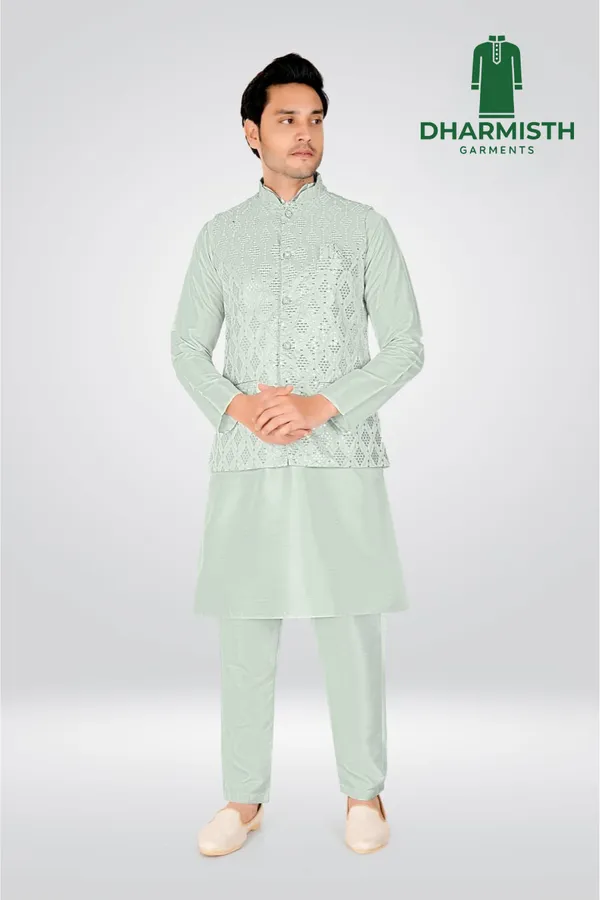 Mint_Green_Polyester_Printed_Kurta,_Koti_&_Pant_For_Men