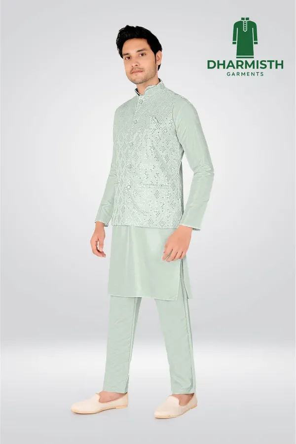 Mint_Green_Polyester_Printed_Kurta,_Koti_&_Pant_For_Men