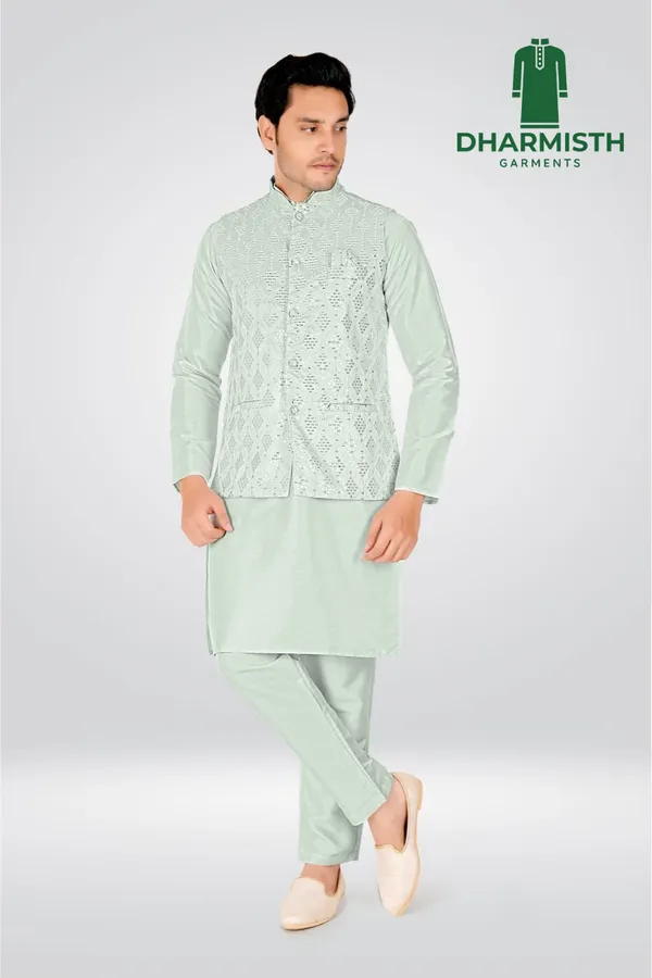 Mint_Green_Polyester_Printed_Kurta,_Koti_&_Pant_For_Men