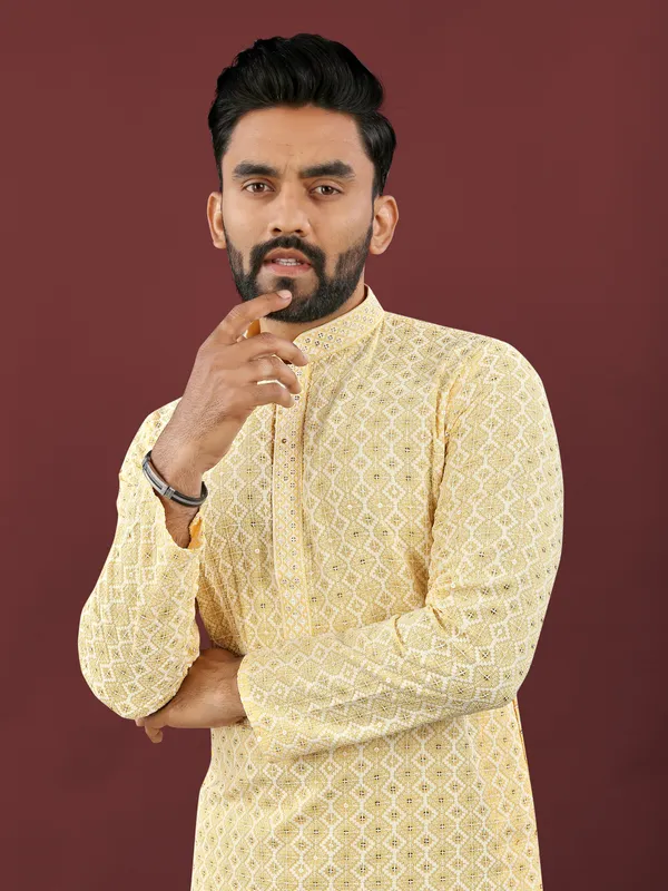 Yellow_Polyester_Printed_Kurta_For_Men