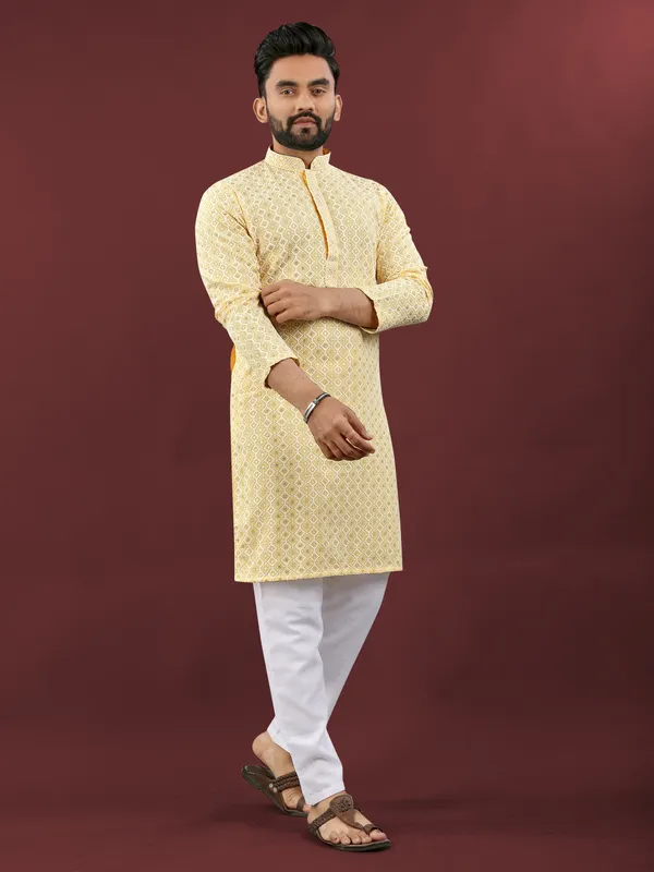Yellow_Polyester_Printed_Kurta_For_Men