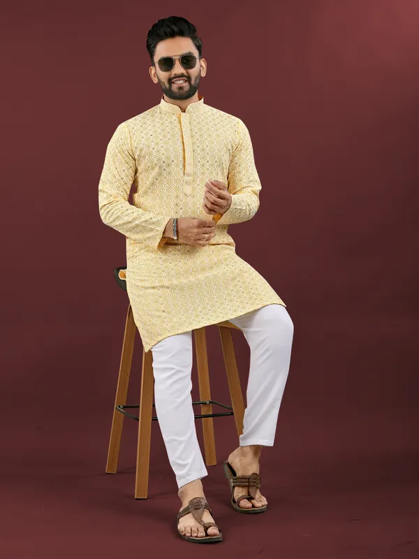 Yellow_Polyester_Printed_Kurta_For_Men