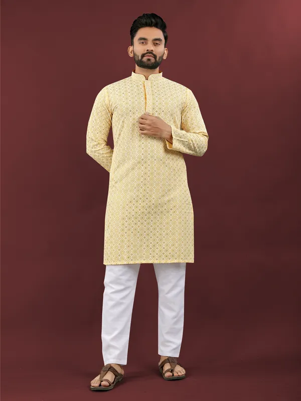 Yellow_Polyester_Printed_Kurta_For_Men