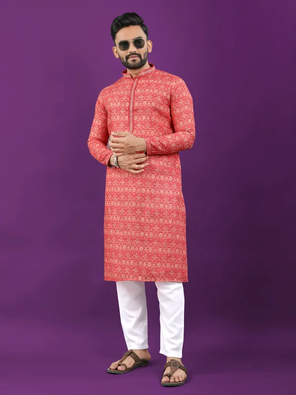 Orange_Polyester_Printed_Kurta_For_Men