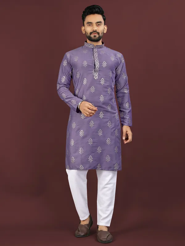 Lavender_Polyester_Printed_Kurta_For_Men
