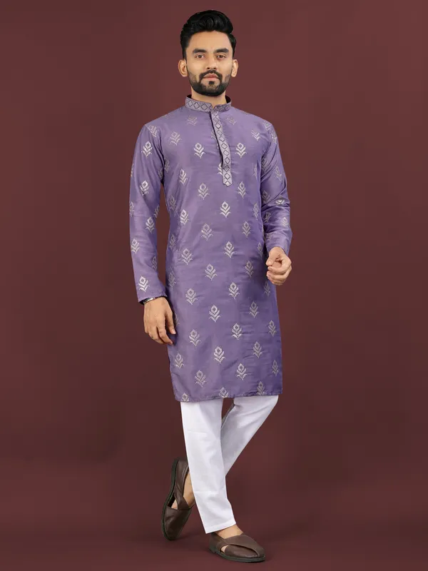 Lavender_Polyester_Printed_Kurta_For_Men