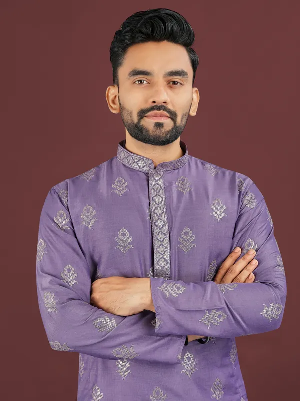 Lavender_Polyester_Printed_Kurta_For_Men