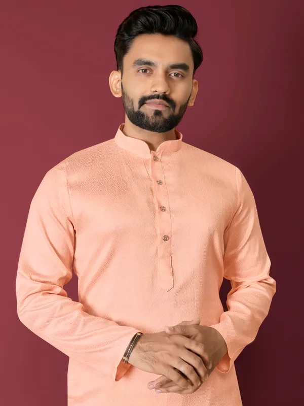 Peach_Polyester_Printed_Kurta_For_Men