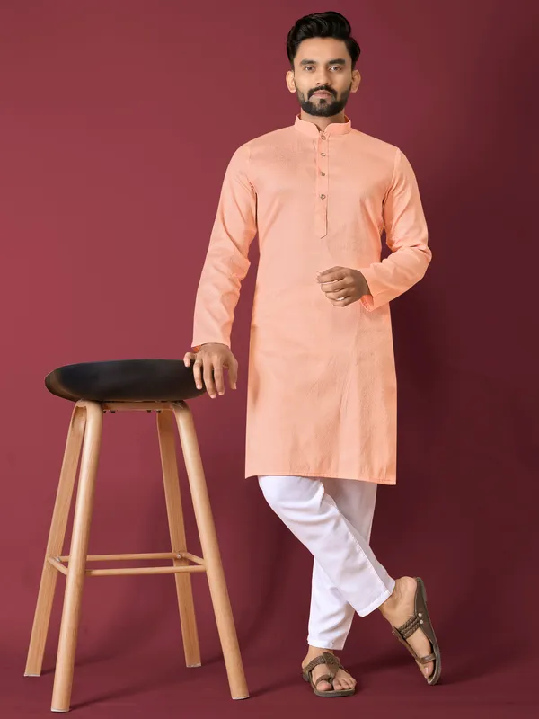 Peach_Polyester_Printed_Kurta_For_Men