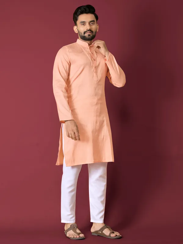Peach_Polyester_Printed_Kurta_For_Men