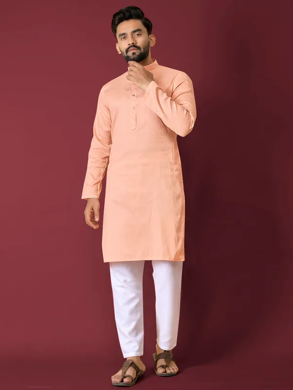 Peach_Polyester_Printed_Kurta_For_Men