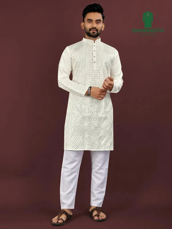 White_Polyester_Printed_Kurta_For_Men