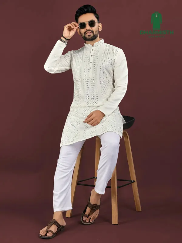 White_Polyester_Printed_Kurta_For_Men