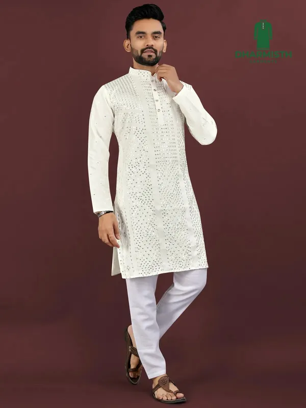 White_Polyester_Printed_Kurta_For_Men