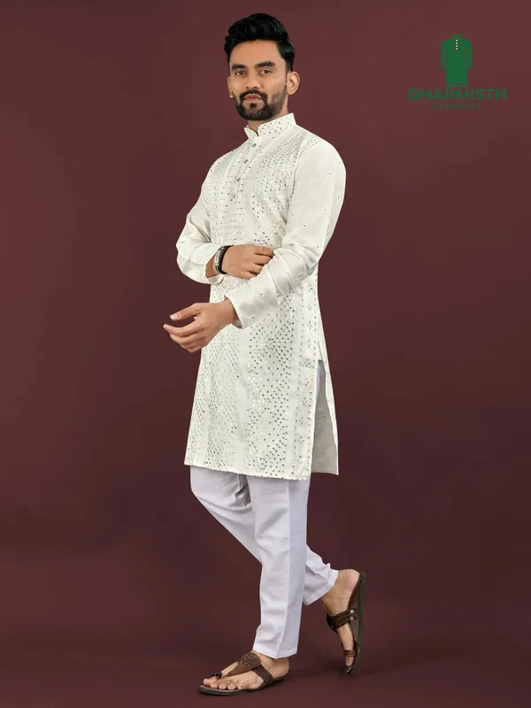 White_Polyester_Printed_Kurta_For_Men