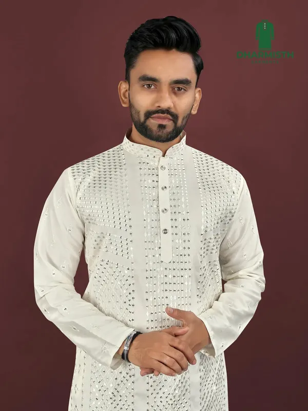 White_Polyester_Printed_Kurta_For_Men